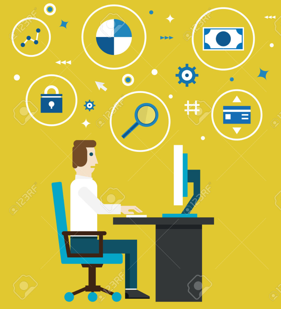 Vector illustration of e-marketing and e-commerce process. Businessman works in the office. Flat style design - vector illustration